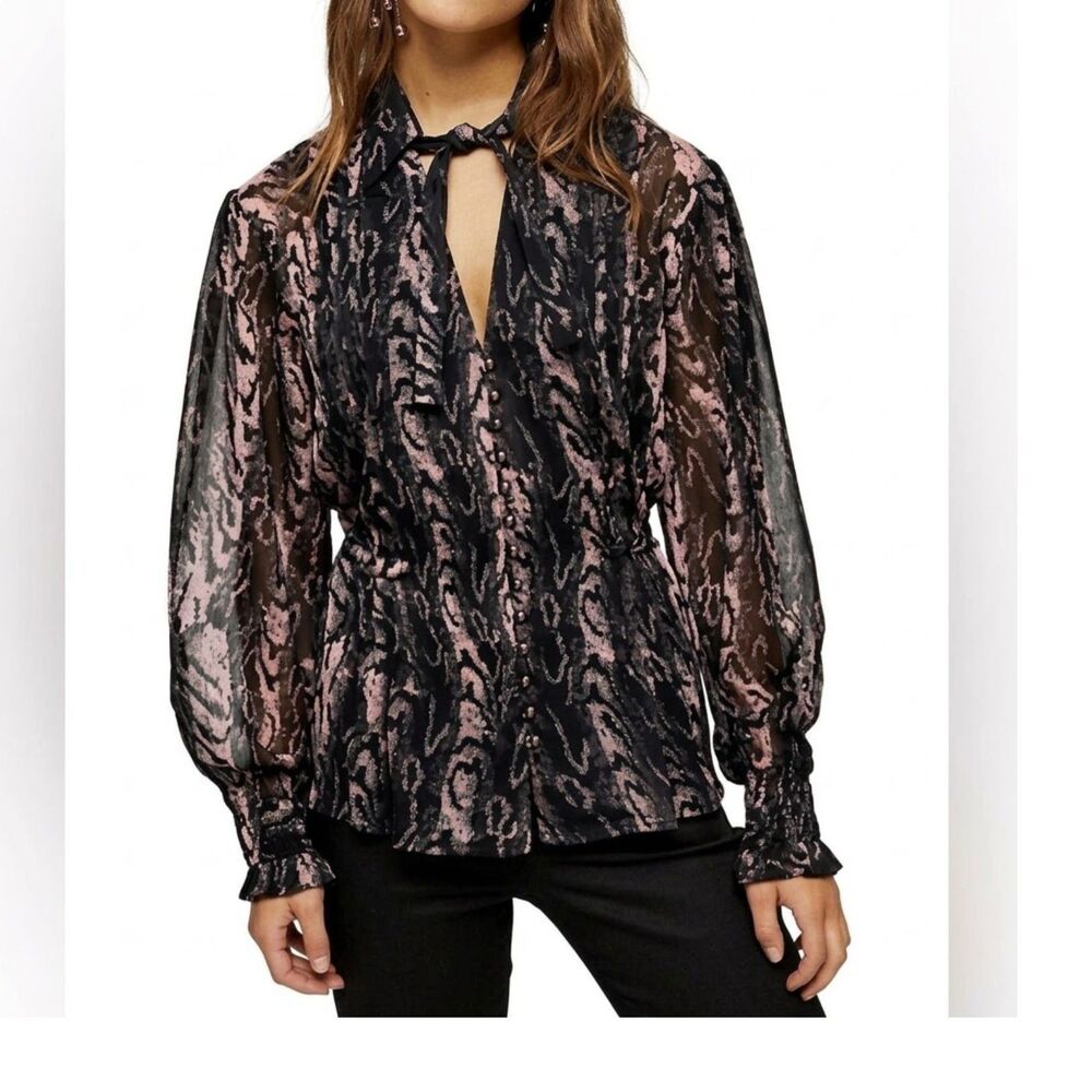 Topshop Black Rose Pink Sheer Top Size 2 Long Sleeves City Chic Night Out